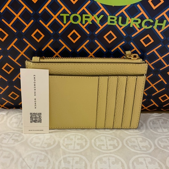 Tory Burch Britten Zip Card Case Mini Wallet Eggnog Yellow Gold - Picture 2 of 6